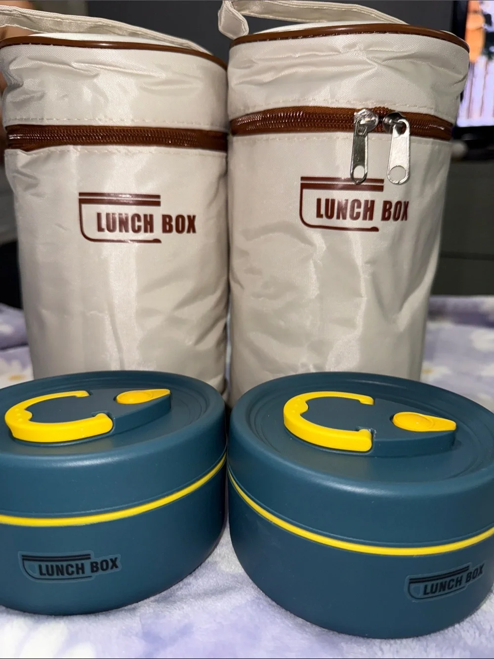 Insulated Food Containers Set — Cream Cooler with Teal & Yellow Bowls